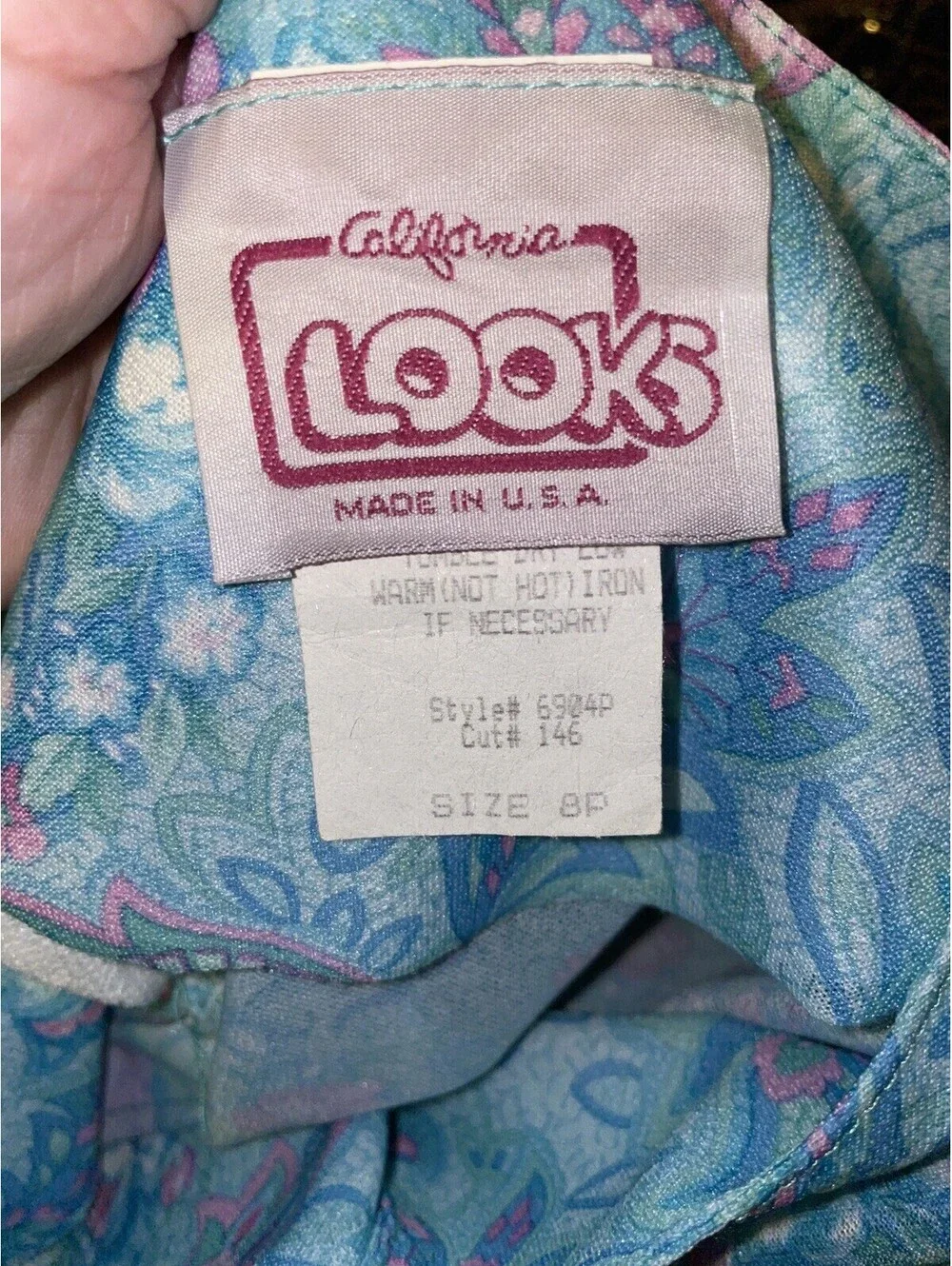 Vintage California Looks Floral Dress Teal Blue Pink Size 8 Petite USA Made
